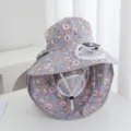 Chapeau de soleil floral avec ventilateur solaire, large bord, châle et masque facial respirant. - Solaire + Rechargeable 600MA / Gris