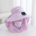 Chapeau de soleil avec ventilateur solaire, large bord et masque facial pour le jardinage. - Solaire + Rechargeable 600MA / Mauve Clair