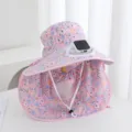 Chapeau de soleil floral pour femme avec ventilateur solaire large bord protège-nuque été jardin - Solaire + Rechargeable 600MA / Rose