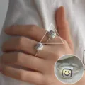 Minimalist irregular smiley face open ring, cute stackable silver ring for women trendy jewelry. - Open Adjustable / Irregular Beans Smiley Face Open Ring (JZ7975) / Silver