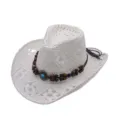 Hollow western cowboy straw hat for men and women summer outdoor sun protection vacation sun hat - Bull Head Leather Band Hollow Style / White