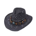 Detailed view of black hollow western straw hat featuring wooden beads and turquoise decor. - Bull Head Leather Band Hollow Style / Black