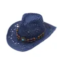 Dark blue hollow western cowboy straw hat detail with beads for summer sun protection. - Bull Head Leather Band Hollow Style / Navy Blue