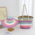Ensemble chapeau de paille et sac cabas raye d'ete grand format plage respirant mode chic - Rayure Violette