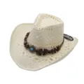 Closeup of a woven straw western cowboy hat featuring wooden beads and turquoise decor detail. - Bull Head Leather Band Hollow Style / Cream