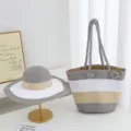 Ensemble chapeau de paille rayé d'été et sac cabas tissé grande capacité plage. - Chapeau + Sac (Ensemble de 2) / Gris Rayé