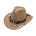 Straw cowboy hat for women men, hollow out sun protection beach cap with wooden beads decor. - Bull Head Leather Band Hollow Style / Khaki