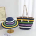 Ensemble chapeau de paille et sac cabas rayé d'été, grand bord pliable pour plage. - Chapeau + Sac (Ensemble de 2) / Rayé Bleu Marine