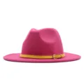 Rosa Filz Fedora Hut für Damen, stilvoller britischer Retro Woll Jazz Hut mit gelbem Gürtel. - Rose red (Yellow Belt) / Erwachsene (56-58cm)