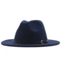 Dunkelblauer Woll-Fedora-Hut mit schwarzem Ledergürtel und goldenem Schnalle, britischer Retro-Stil. - Navy (Black Belt) / Erwachsene (56-58cm)