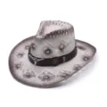 Straw cowboy hat for men and women, hollow design with leather band and metal bull decor. - Gradient Hollow Leather Band Style / White