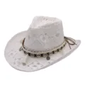 White crochet western cowboy hat with shell tassel band, summer beach sun straw hat for women men - Shell Tassel Hollow Style / White