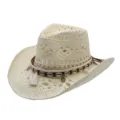 Detail view of the beige hollow-out cowboy straw hat with shell and tassel pendants. - Shell Tassel Hollow Style / Cream