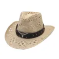 Close-up of woven straw cowboy hat featuring dark brown leather band and metal longhorn skull. - Bull Head Leather Band Style 2 / Beige
