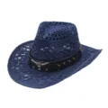 Blue hollow out straw cowboy hat with black leather band and metal bull skull for summer outdoor. - Bull Head Leather Band Style 2 / Navy Blue