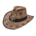 Close-up view of the hollowed-out straw cowboy hat, featuring metal bull head detail. - Gradient Bull Head Leather Band Style 2 / Coffee