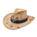 Hollow out western cowboy straw hat for men women summer sun protection beach outdoor hat - Gradient Bull Head Leather Band Style 2 / Beige