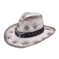 Detailed view of the hollow-out straw cowboy hat with black leather band and metal bull skull. - Gradient Bull Head Leather Band Style 2 / White