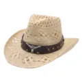 Close-up detail of the woven straw cowboy hat with leather belt and metal bull skull decor. - Bull Head Hollow Style 3 / Beige