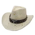 Detailed view of the hollow straw cowboy hat featuring a dark brown leather band with bull skull. - Bull Head Hollow Style 3 / Cream