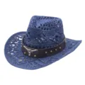 Blue straw cowboy hat detail, hollow braided design with leather band and metal bull skull. - Bull Head Hollow Style 3 / Navy Blue