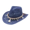 Blue hollow out straw cowboy hat with shells and tassels for women men summer sun protection. - Shell Tassel Hollow Style / Navy Blue