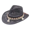 Western cowboy straw hat with shell decor for summer outdoor vacation beach sun protection. - Shell Tassel Hollow Style / Black