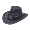 Black hollow out western cowboy straw hat with bull skull metal decor for outdoor sun protection. - Bull Head Leather Band Style 2 / Black