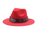 Κόκκινο μάλλινο καπέλο fedora γυναίκες άνδρες western cowboy jazz με δερμάτινη ζώνη ταύρου - M (56-58cm) / Κόκκινο