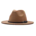 Klassischer Wollfilz Fedora Hut mit schwarzem Gürtel, Vintage Retro Cowboyhut für Damen. - Camel