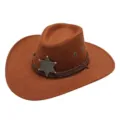 Classic brown western cowboy hat with sheriff badge, wide brim woolen felt hat for autumn. - One Size / Light Coffee