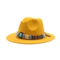 Detailed view of the yellow felt fedora hat featuring a bohemian multi-strand beaded hatband. - M (56-58cm) / Yellow