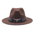 Sombrero de fieltro western retro para hombre y mujer, fedora marrón con banda de cuero toro. - M (56-58cm) / Café