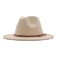 Chapeau fedora classique en laine beige avec lanière en cuir marron, coiffe automne hiver. - M (56-58cm) / Beige