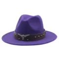 Chapeau fedora en laine violette avec ceinture cuir western, rivets et taureau pour adultes. - M (56-58cm) / Violet