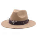 Chapeau fedora en feutre automne hiver femme style cowboy occidental avec taureau métal - M (56-58cm) / Chameau