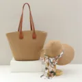 Conjunto de bolso tote y sombrero de paja trenzada para mujer playa verano viaje - Solo Sombrero / Caqui