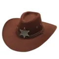 Brown western cowboy hat felt jazz cap with sheriff star badge for men and women. - One Size / Dark Coffee