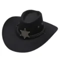 Black Western Cowboy Hat Felt Jazz Hat Sheriff Badge Wide Brim Fedora Autumn Winter Unisex - One Size / Black