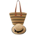 Ensemble cabas tisse en paille et chapeau de soleil, grand style de vacances plage a rayures. - Chapeau Seul / Kaki