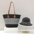Black and white striped straw tote bag and sun hat two piece set, stylish summer travel set. - Hat Only / Black