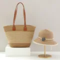 Stylish straw woven tote bag and sun hat two-piece set for summer beach travel. - Hat Only / Khaki