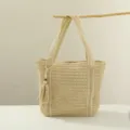 Ψάθινη τσάντα μπεζ τσάντα παραλίας γυναικεία μεγάλη χωρητικότητα καλοκαιρινή τσάντα ώμου - Μπεζ με Κρόσσια