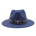 Chapeau fedora cowboy bleu en feutre avec bande de cuir crâne de taureau pour adultes. - M (56-58cm) / Bleu marine