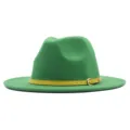 Grüner Woll-Fedora-Hut mit gelbem Ledergürtel Band und Metall Schnalle für Damen Herren - Grass Green (Yellow Belt) / Erwachsene (56-58cm)