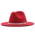 Roter Wollfilz Fedora Hut mit weißem Gürtel vintage flache Krempe stilvolle Damenmütze - Red (pink belt) / Erwachsene (56-58cm)