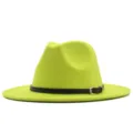 Neonleuchtender breiter Wollfilzhut fuer Damen, eleganter Jazzhut mit schwarzem Lederguertel. - Fluorescent yellow (Black Belt) / Erwachsene (56-58cm)