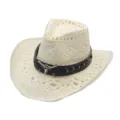 White Straw Cowboy Hat with Bull Skull Band Summer Sun Protection Outdoor Beach Sun Hat - Bull Head Leather Band Style 2 / Cream
