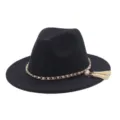 Schwarzer Wollfilz Fedora Hut mit Perlenkette Variante, stilvolle Herbst Winter Mode. - M (56-58cm) / Schwarz