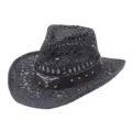 Black hollow straw cowboy hat with leather band and metal bull skull for outdoor sun protection. - Bull Head Hollow Style 3 / Black
